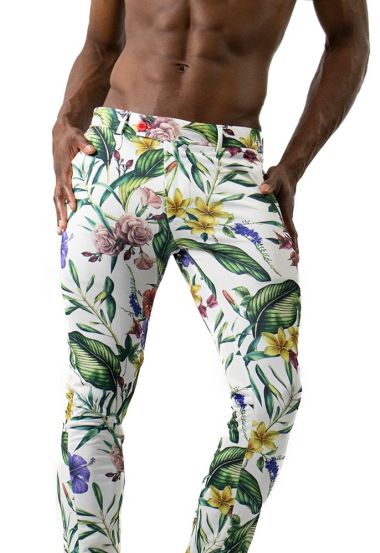 White Floral Pants Men - Slim Fit Chino 