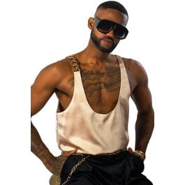 Mens Beige Plunge Low Cut Satin Tank Top with Chain Strap