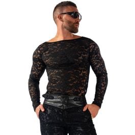 Mens Sheer Boat Neck Floral Lace Shirt - Modus Vivendi