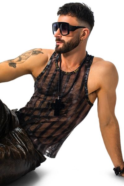 Mens Brown Embroidered Striped Mesh Tank Top | Differio