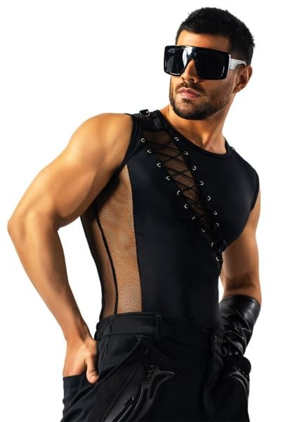 Mens Lace Up Black Sleeveless Shirt with Sheer Mesh