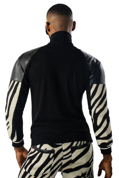 Mens Black Zebra Print Faux Leather Turtleneck Sweater