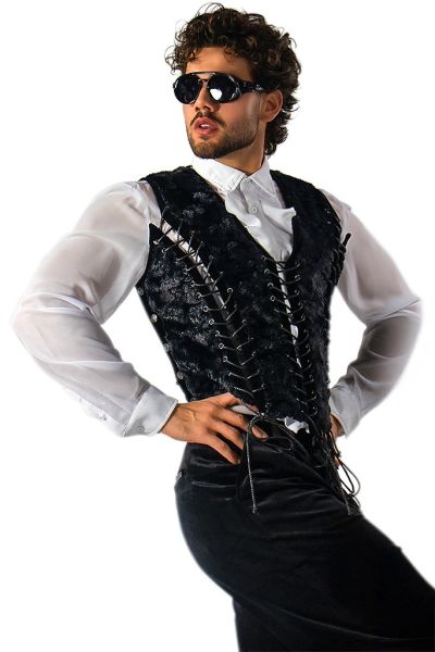 Mens Black Lace-Up Velvet Faux Fur Vest