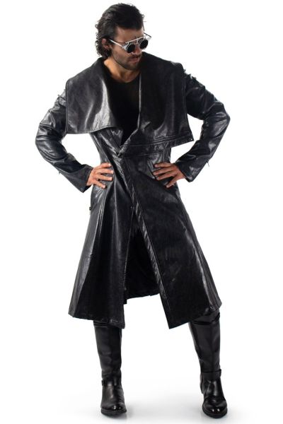 ジャケット・アウター 11747391 jacket high neck trench jacket Black Leather Trench Coat Men - High Collar Leather Coat