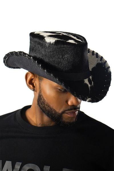 Mens Fuzzy Genuine Cowhide Leather Cowboy Hat display picture 1