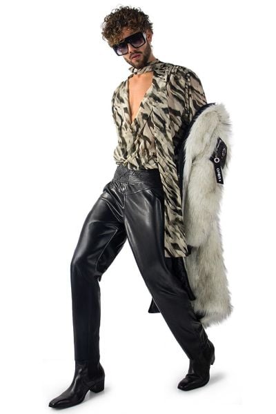 Mens Sheer Zebra Print Low Cut Scarf Shirt