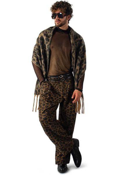 Mens Pleated Wide Leg Leopard Print Pants with Double Belts