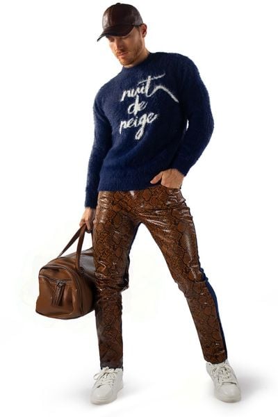 Mens Spliced Denim Faux Leather Snakeskin Pants