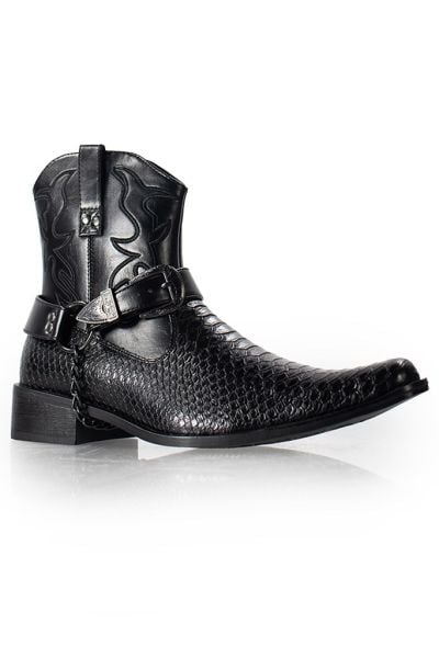 Mens Black Faux Snakeskin Ankle Cowboy Boots with Chain display picture 2