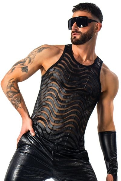Mens Wavy Striped Sheer Black Mesh Tank Top | Differio